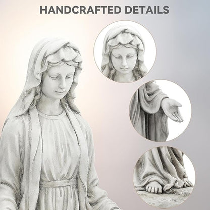 Virgin Mary Statue for Outdoor, Large 30 Inch Garden Sculpture Made of Durable Magnesium Oxide Stone, Religious Lawn Art for Yard,Patio, Finish for Peaceful Blessings Antique White