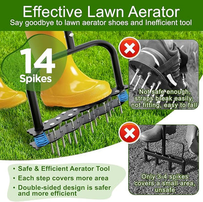 Lawn Aerator -Aerator Lawn Tool with 14 Iron Spikes, Automatic Dirt and Leaf Clean with Spring-Loaded Design, Height Adjustable Metal Manual Aerator, Soil Loosening, Yard Aerating, Garden Tool