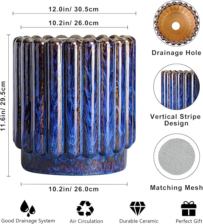 12 Inch Pots for Plants - Ceramic Planter Indoor Outdoor, Large Ceramic Flower Pots with Drainage Hole, Fluted Modern Round Planter, Living Room Home Decor, Gifts for Plant Lovers, Blue