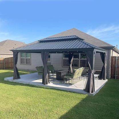 Domi 12'x18' Hardtop Gazebo Canopy Metal,Outdoor Aluminum Gazebo with Galvanized Steel Double Roof,Permanent Gazebo Pavilion for Patio Deck Backyard,Curtain and Netting,Grey