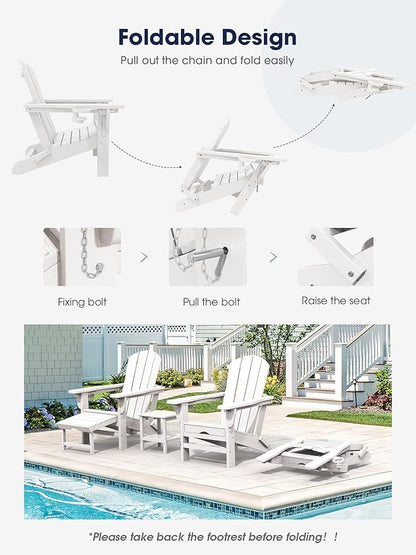 KINGYES Folding Adjustable Adirondack Chair with Retractable Ottoman Set of 6, HDPE All Weather Chair with Cup Holder - Versatile Adirondack Chair, White