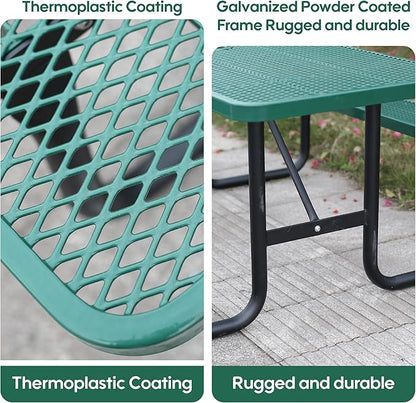 6FT Outdoor Picnic Tables,Heavy-Duty Metal Rectangular Picnic Table,Expanded Metal Commercial-Grade Table with 2 Benches & Umbrella Hole,Waterproof Coating Beach Table for Patio,Garden, Backyard