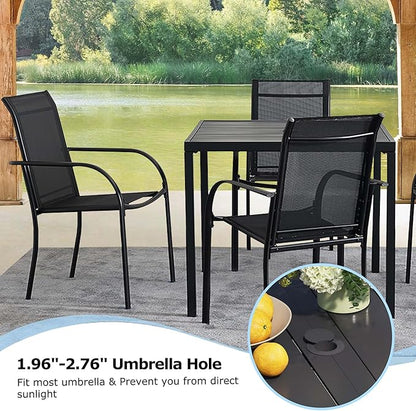 5 Pieces Round Dining Table Set for 4, Patio Dining Set Includes 4 Black Stackable Patio Chairs and Black Square Table, Patio Furniture Sets with Sling Support for Outside, Garden