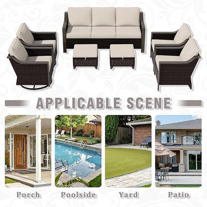 7 PCS Wicker Patio Conversation Set, All-Weather Use Outdoor 2 PE Rattan Swivel Chair, 2 PE Rattan Chair, 2 Ottoman, 1 Patio Sofa, Removable Water-Resistant Cushion, Beige