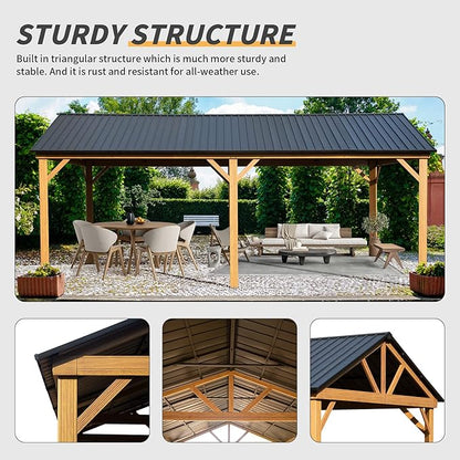 Domi 12’ x 20’ Hardtop Gazebo, Wooden Coated Aluminum Frame Canopy with Galvanized Steel Gable Roof, Outdoor Permanent Metal Pavilion for Patio, Deck and Lawn