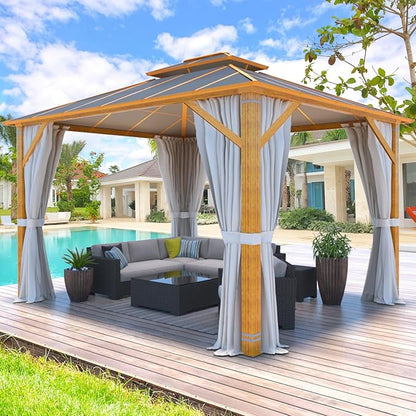 MELLCOM 10x12FT Hardtop Gazebo, Wooden Finish Coated Aluminum Patio Gazebo with Aluminum Composite Double Roof for Patio Lawn and Garden, Curtains and Netting Included