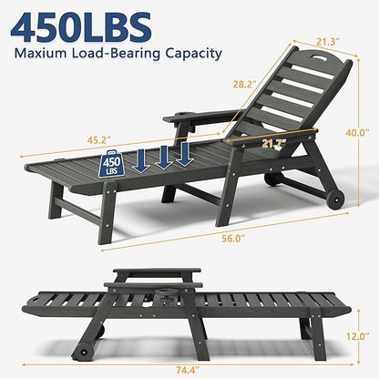 Patio Chaise Lounge Chair Set of 4, HDPE Outdoor Lounge Chairs with 5-Position Adjustable Backrest, Cup Holder and Wheels, 450lbs Capacity for Poolside Deck Backyard, All Weather Material(Gray)