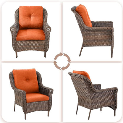 Patio Wicker Chairs Outdoor Furniture Chair - Set of 2 Outside All Weather Lawn Dining Brown Rattan Armchair with High Back&Deep Seating for Deck Porch Balcony Backyard Garden - Orange