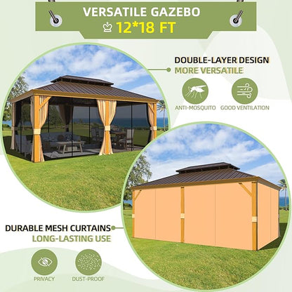 EROMMY 12'x18' Hardtop Gazebo, Galvanized Steel Double Roof with Wood Grain Aluminum Frame, Outdoor Permanent Metal Pavilion with Curtains and Nettings for Patio, Backyard and Deck