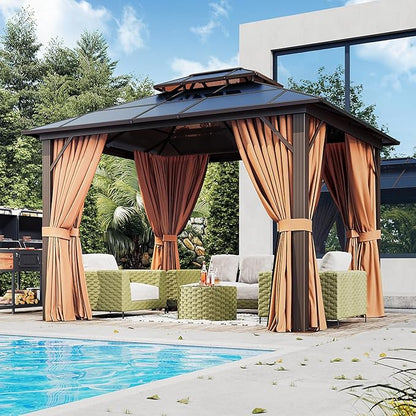 10'x12' Hardtop, Double Roof Gazebo, Aluminum Frame Permanent Pavilion with Netting and Curtains, Outdoor Polycarbonate Gazebo, for Patios, Gardens, Lawns