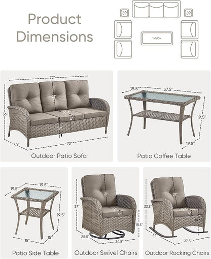 Outdoor Furniture-8 Piece Wicker Patio Furniture Set with Patio Swivel Chair Wicker Rattan Couch with Outdoor Rocking Chair Patio Conversation Set for Deck Lawn Porch Balcony Poolside-Grey/Grey