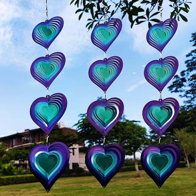 DJUAN Wind Spinners Outdoor Garden Decor,Purple-Green Heart Yard Lawn Ornaments Metal Wind Spinner with 360 Degree Swivel Hook, Christmas,Luau Party,Tropical Party Decorations,Gifts for Mom,Women