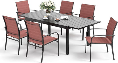 Patio Dining Set 7 PCS, Outdoor Red Dining Chairs for 6, Rectangular Steel Extendable Dining Table,Patio Dining Table and Chairs for Outdoor Lawn Garden,Deck.