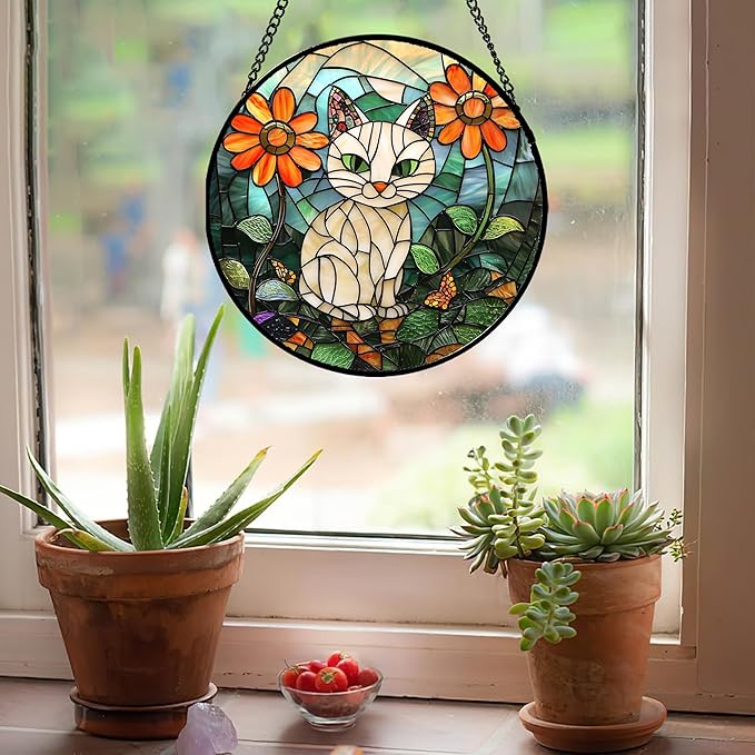 Stained Glass Window Hanging - White Cat Green Plants Orange Flowers Sun Catcher for Door Garden Home Decor Suncatcher Christmas Mother's Day Birthday Gifts for Women Men Mom Nana 7.8 in