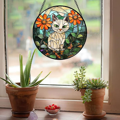 Stained Glass Window Hanging - White Cat Green Plants Orange Flowers Sun Catcher for Door Garden Home Decor Suncatcher Christmas Mother's Day Birthday Gifts for Women Men Mom Nana 11.8 in
