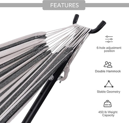 Hammock with Stand for Outside, Heavy Duty Space Saving Steel Stand with 450 lb Capacity,Double Hammock with Portable Carrying Bag, Hamacas para Adultos for Outdoors, Patio, Garden, Yard