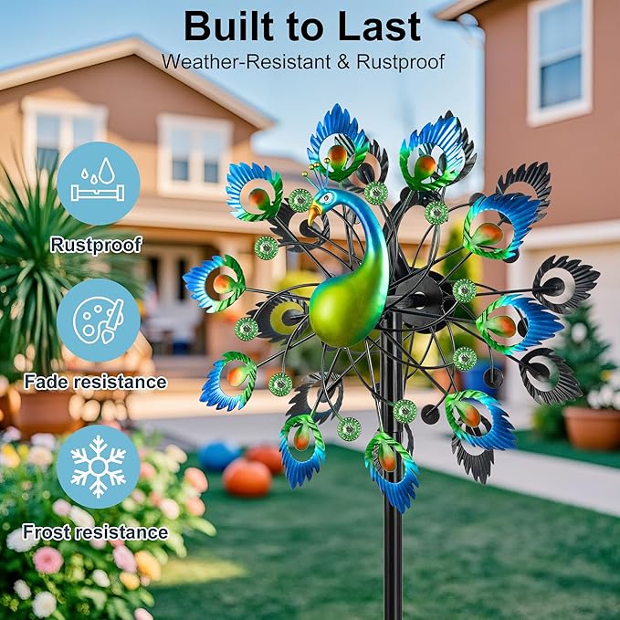 Wind Spinners Garden Decor for Outside, 13 Inches 360°Peacocks Windmill for Yard Decorations Outdoor, Metal Yard Art Wind Sculptures Garden Gifts for Women, Backyard, Patio, Lawn Ornament