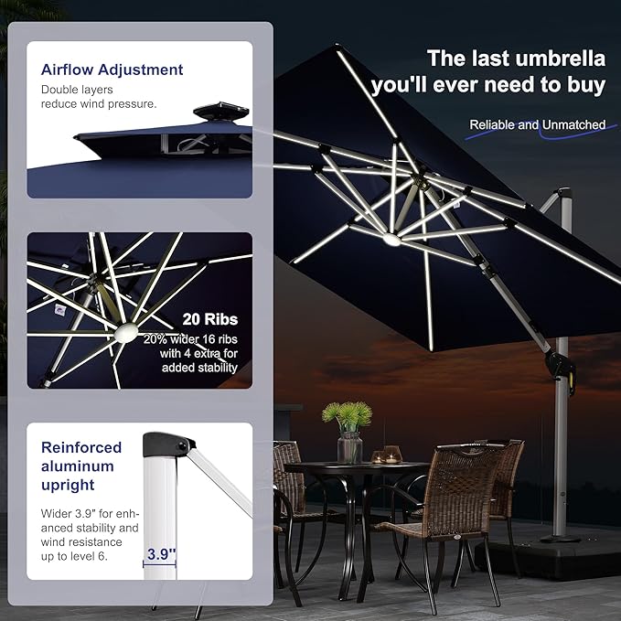 PURPLE LEAF 11 Feet Double Top Deluxe Solar Powered LED Square Patio Umbrella Offset Hanging Umbrella Outdoor Market Umbrella Garden Umbrella, Navy Blue
