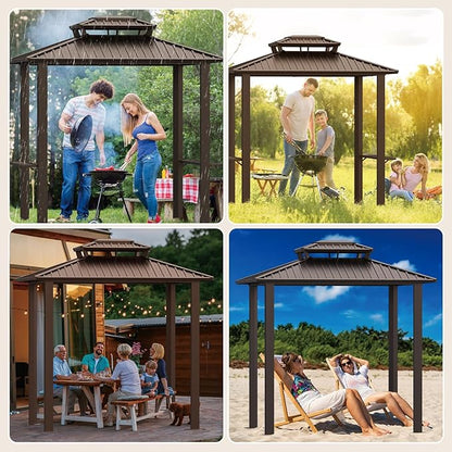 Hoteel 6x8ft Hardtop Grill Gazebo, Outdoor Patio Aluminum Frame Barbecue Gazebo with Galvanized Steel Double Roof and 2 Side Shelves for Deck Lawn Backyard Garden and Party, Brown(2025 Upgraded)