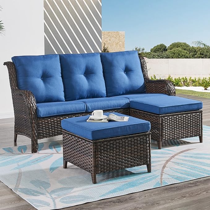 HUMMUH Patio Furniture 6 Pieces Outdoor Furniture Set PE Wicker Patio Couch with Swivel Glider Chairs,Patio Ottomans,Side Table