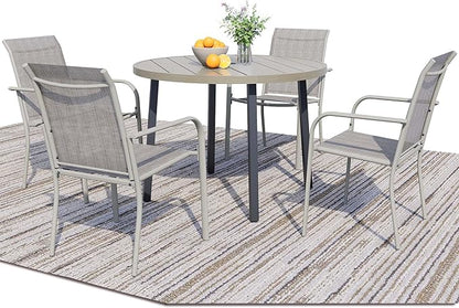 5 Pieces Round Dining Table Set for 4, Patio Dining Set Includes 4 Grey Stackable Patio Chairs and 1 Honey Oak Round Table, Patio Furniture Sets with Sling Support for Outside, Garden