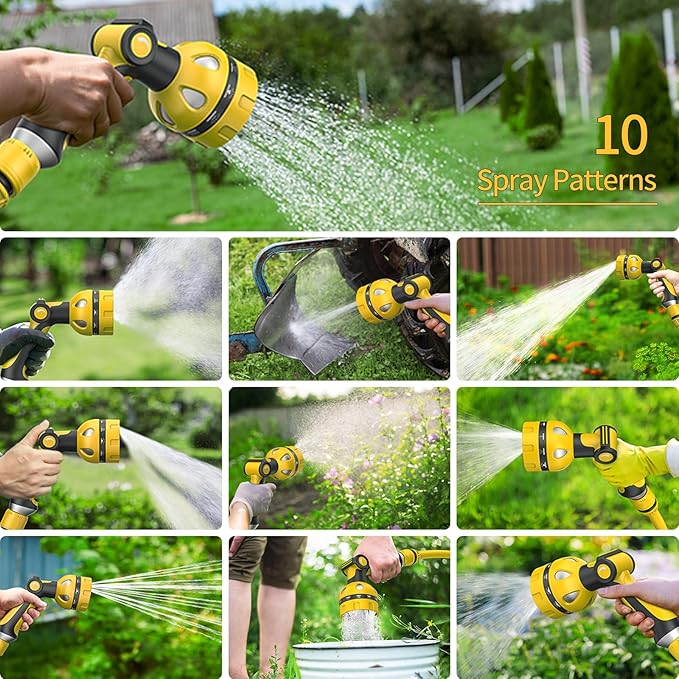 Garden Hose Nozzle, Heavy Duty Water Hose High Pressure Sprayer with 10 Watering Patterns, Thumb Control On Off Valve, for Watering outdoor Plants & Lawn, Car & Pet Washing（Yellow）
