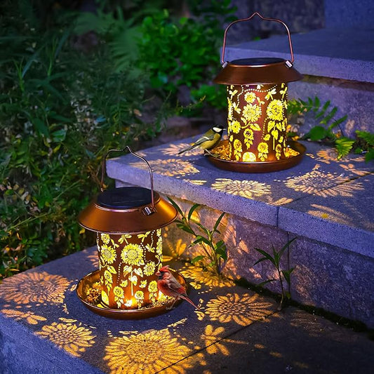 2pack Solar Bird Feeders Outdoors Hanging Metal Bird Feeder Chewproof Waterproof Dragonfly Lantern Decorative Garden, Patio, Landscape, Gifts for Women Birds Lovers
