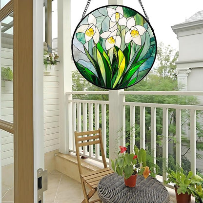 Stained Glass Window Hanging - White Snow Lotus Birth Flower Suncatcher for Doors Garden Patio Sun Catchers Decor Christmas Mother's Day Birthday Gifts for Women Men Mom Nana Friend 7.8 in