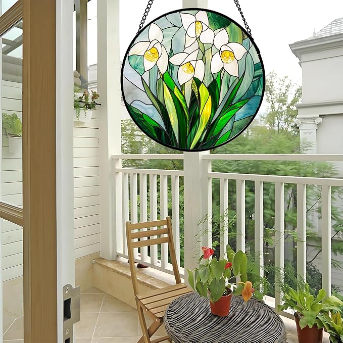 Stained Glass Window Hanging - White Snow Lotus Birth Flower Suncatcher for Doors Garden Patio Sun Catchers Decor Christmas Mother's Day Birthday Gifts for Women Men Mom Nana Friend 11.8 in