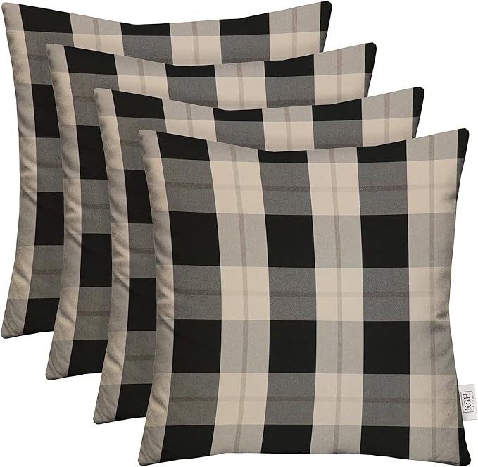 RSH DECOR: Square Throw Pillows Set of 4 | 17” x 17” | All-Weather Spun Fabric | Water and Fade-Resistant | Outdoor Accent Pillows for Patio Furniture | Branson Pewter Plaid
