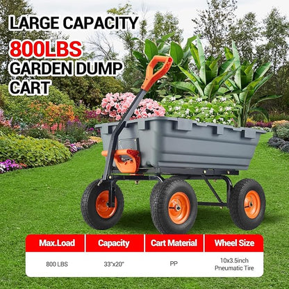 800Lb Heavy-Duty Poly Dump Garden Cart with Steel Frame, Utility Wagon with 10" Tires & Quick-Tilt System for Yard, Beach & Landscaping, Grey