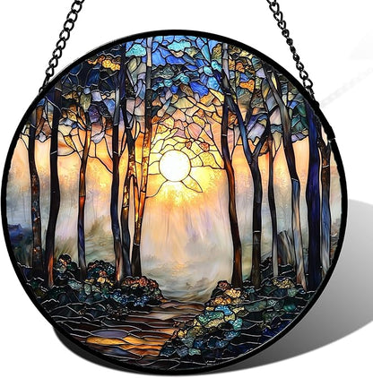 Stained Glass Window Hanging, Forest Sunrise Smoke Blue Brown Tree Suncatcher for Doors Window Home Landscape Sun Catchers Decor Mother's Day Birthday Gifts for Women, Men Mom 11.8 in