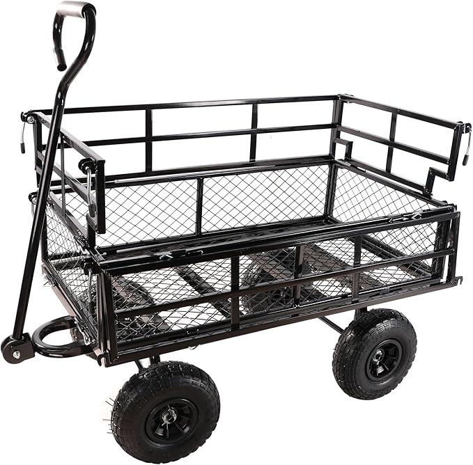 Heavy Duty Garden Wagon with Foldable Sides, Pneumatic Tires, Adjustable Handle (Black Double Layer)