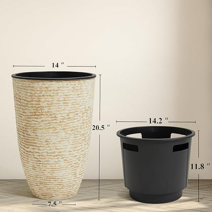 WORTH Garden 2-Pack 21" H. Beige Tall Planters with Inside Pots - 14'' Dia Plastic Large Round Plant Tree Pots - Decorative Imitation Stone Finish for Indoor Outdoor Front Porch Container Patio