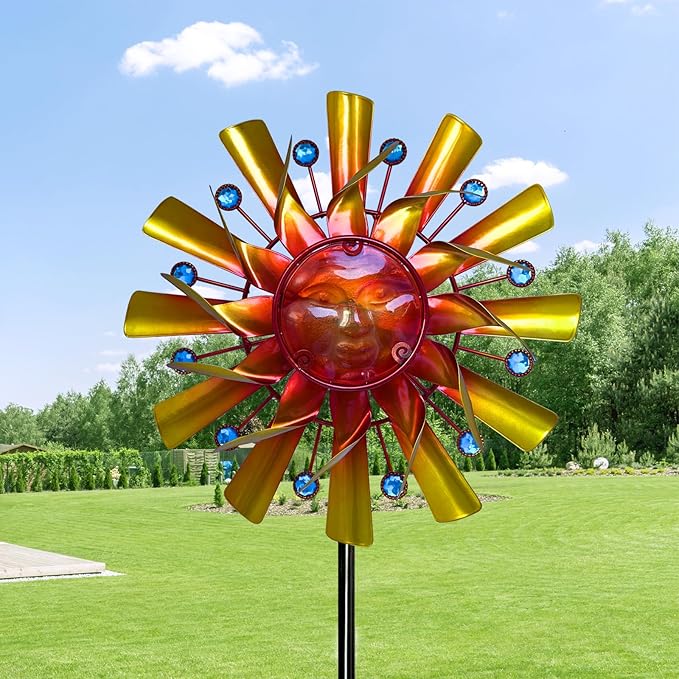 Solar 46" Sunflowers Wind Spinners for Yard and Garden, Metal Clearance Windmill Kinetic Outdoor Decor, Wind Sculpture Yard Art Decorations for Patio, Lawn
