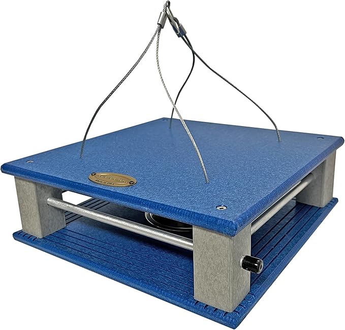 DutchCrafters Poly Gilbertson Large Covered Blue Bird Feeders for Outdoors Hanging, Bluebird Feeder for Mealworms - Amish USA Made (Bright Blue & Light Gray)