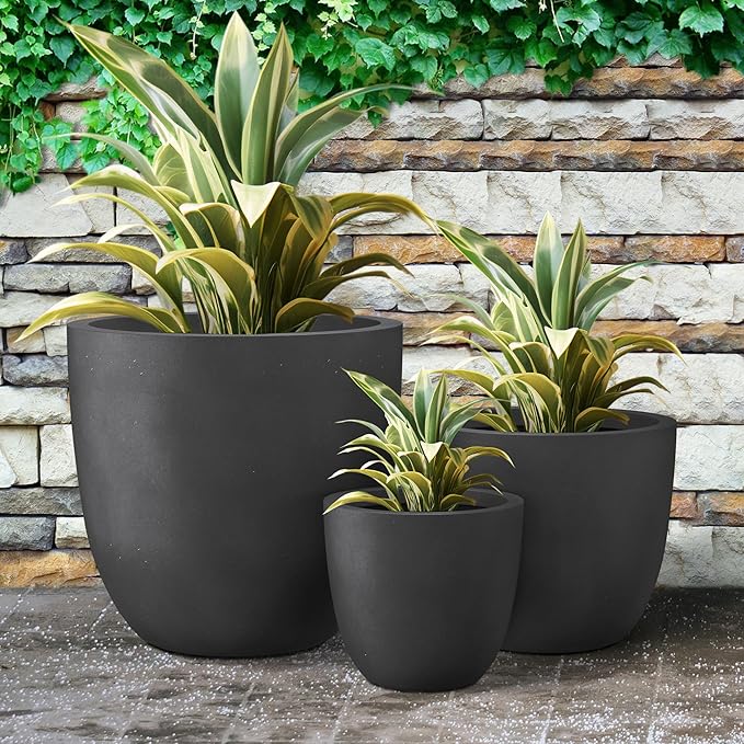 Kante 18",14",10" Dia Concrete Round Planters (Set of 3), Outdoor Indoor Large Planter Pots with Drainage Hole and Rubber Plug for Home Patio Garden, Black
