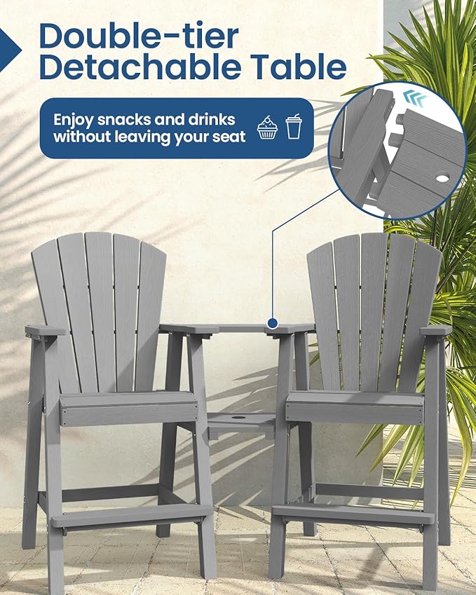 Ciokea Tall Adirondack Chairs Set of 4, HDPE Outdoor High Back Adirondack Chair with Double Connecting Tray, Weather Resistant Balcony Chairs for Deck, Lawn, Pool, Backyard, Gray