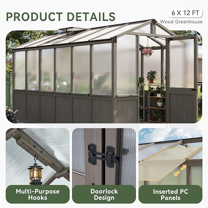 Aoxun 6x12 FT Wood Green House for Outdoors, Polycarbonate Panel Wooden Walk-in Greenhouse Kit with Automatic Temperature Control Roof Vent and Lockable Door, for Outside Backyard Garden, Gray
