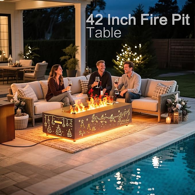 42" Outdoor Fire Pit Table, 50,000 BTU Gas Fire Pit with Glass Wind Guard, Fire Stones, Waterproof Cover, Propane Fire Pit Table for Outside Patio Hollow-Out (Elk, Brown)