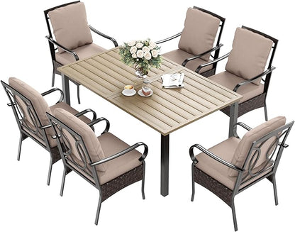 7 Piece Patio Dining Sets for 6, Outdoor Table and Chairs with Cushioned Wicker Patio Dining Chairs & Wood-Like Dining Table (1.61-2”Umbrella Hole), Outdoor Dining Sets for Backyard