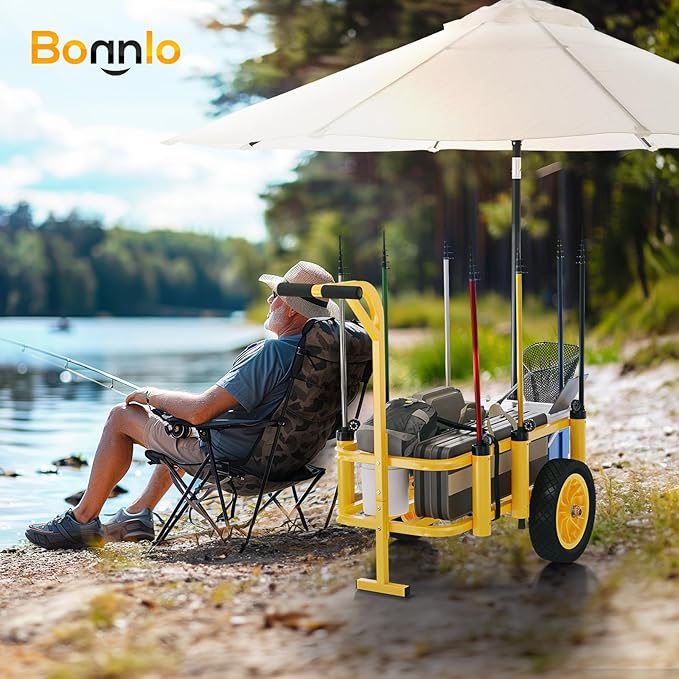 Bonnlo Beach Fishing Cart, Beach Wagon Trolley with 12" Big No-Flat Airless Tires, Foldable Beach Trailer with Large 36" x 16" Cargo Basket, 250 lbs Load Capacity, 7 Fishing Rods Holder