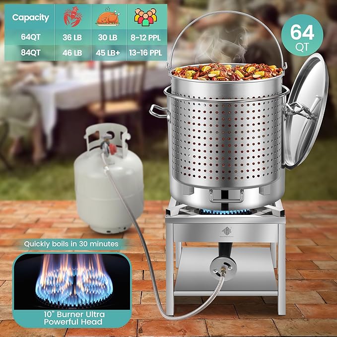 64QT Seafood Boil Pot w/200,000BTU Propane Burner Set, Stainless Steel Basket for Outdoor Deep Fryer, Large Cooking Pot for Turkey Fryer, Crawfish, Crab, Shrimp, Lobster Boiling Stock Pot