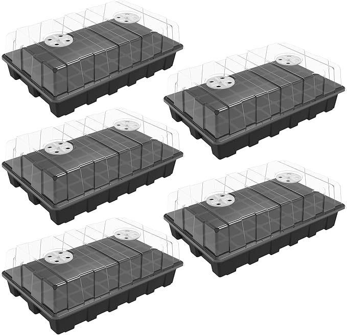 Gardzen 5-Set Seed Starter Tray Kits, Durable Plant Germination Trays with Humidity Vented Domes and Bases, Ideal for Seed Starting, Indoor Gardening, and Greenhouse (Total 200 Cells)