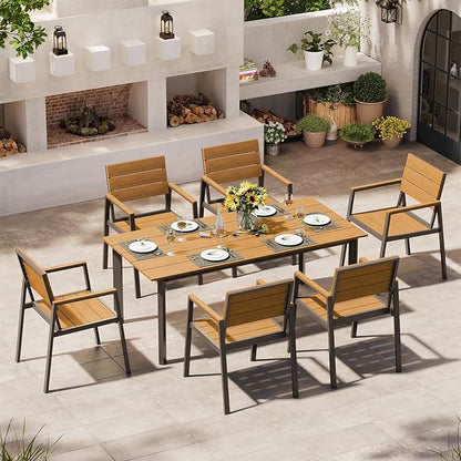 Outdoor Dining Set for 6, Outdoor Table and Chairs Set with Umbrella Hole, Patio Dining Sets, 7 Pieces HDPS Outdoor Furniture Sets for Patio, Garden, Backyard (Gray & Teak)
