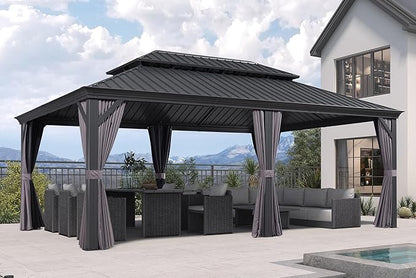 PURPLE LEAF 13' X 20' Permanent Hardtop Gazebo Aluminum Gazebo with Galvanized Steel Double Roof for Patio Lawn and Garden, Curtains and Netting Included Grey