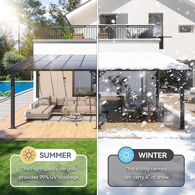 10x20FT Lean to Gazebo, Hardtop Metal Pergola with Polycarbonate Roof, Large Wall Mounted Heavy Duty Awnings, Patio Canopy for Backyard, Deck, Porch （Black）