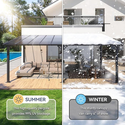 10x20FT Lean to Gazebo, Hardtop Metal Pergola with Polycarbonate Roof, Large Wall Mounted Heavy Duty Awnings, Patio Canopy for Backyard, Deck, Porch