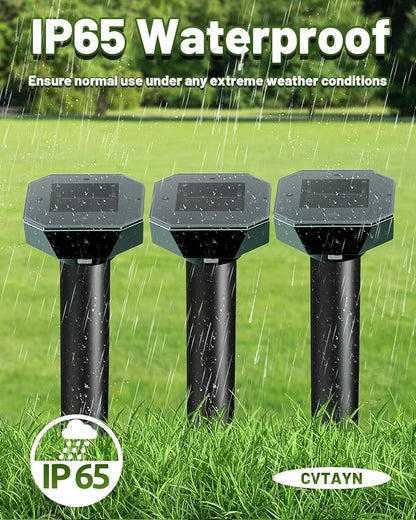 Snake & Mole & Skunk & Rabbit Repellent Solar Powered, Ultrasonic Deterrent, IP65 Waterproof, to Get Rid of Gopher, Groundhog, Rodent, Chipmunk, Raccoon, and Vole for Lawn & Garden, 4 Pack