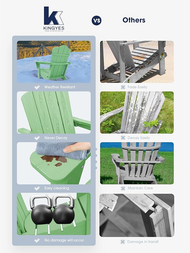 KINGYES Folding Adirondack Chair Set of 2, HDPE All-Weather Folding Adirondack Chair, Light Green